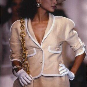 Chanel Khaki & Ivory Linen Skirt Suit with Gold CC Buttons